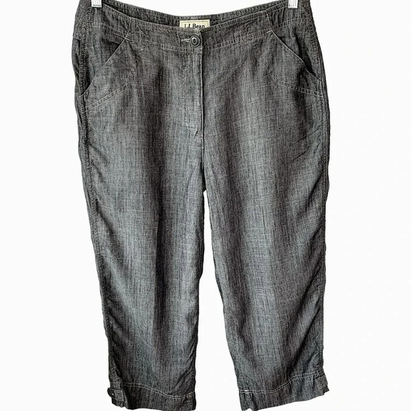 L.L. Bean Linen Blend Classic Fit Straight Cropped High Waist Pants Size 14 Gray - Picture 1 of 16